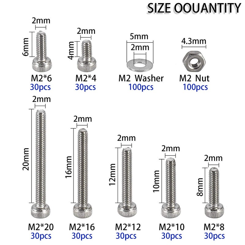 HanTof 410Pcs Tiny Hex Socket Head Cap Screws Bolts, 304 Stainless Steel M2 x 4/6/8/10/12/16/20mm, Micro Allen Head Machine Screws, Nuts and Washers Kit with Hex Wrench, Fully Threaded Pitch: 0.4mm - Image 4